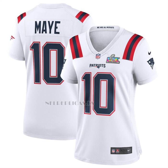 Camiseta NFL Game Mujer New England Patriots Drake Maye Super Bowl LX Patch Blanco